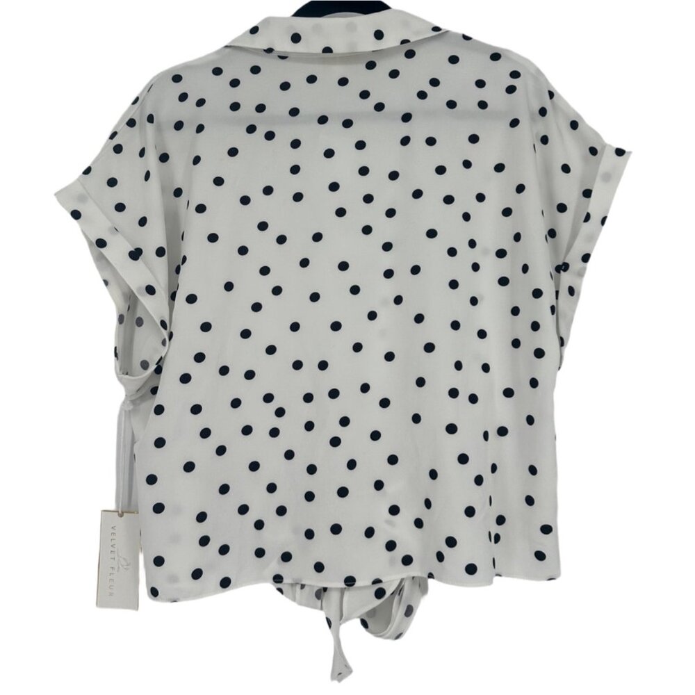 Velvet Fleur Women Polka Dot Blouse XL White Black Tie Front Button Up - Picture 3 of 8